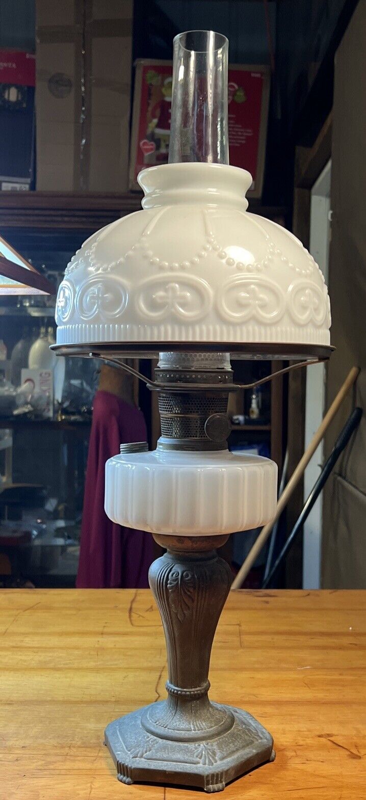 Vintage Aladdin Alacite Metal Oil Kerosene Pretzel Milk Glass Lamp Shade WOW