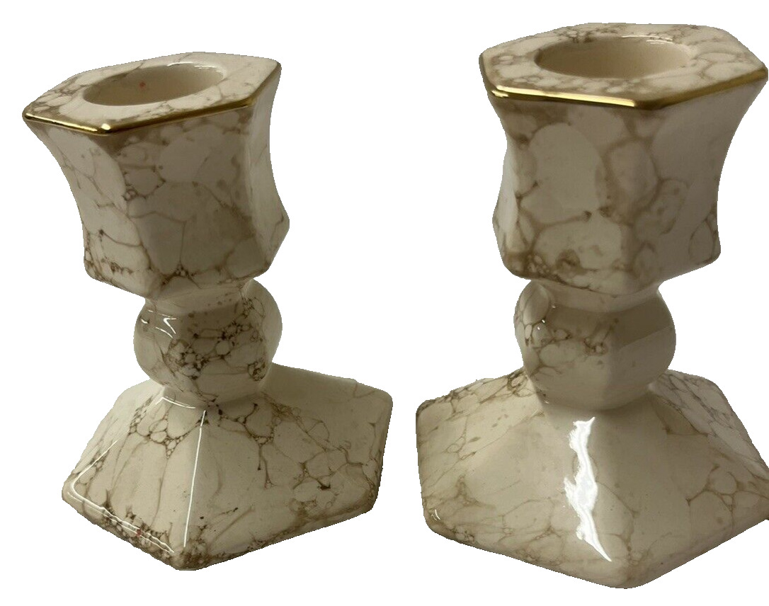 Pair Of Partylite Marbled Ivory And Gold Trimmed Terrazzo Candle Stick Holders