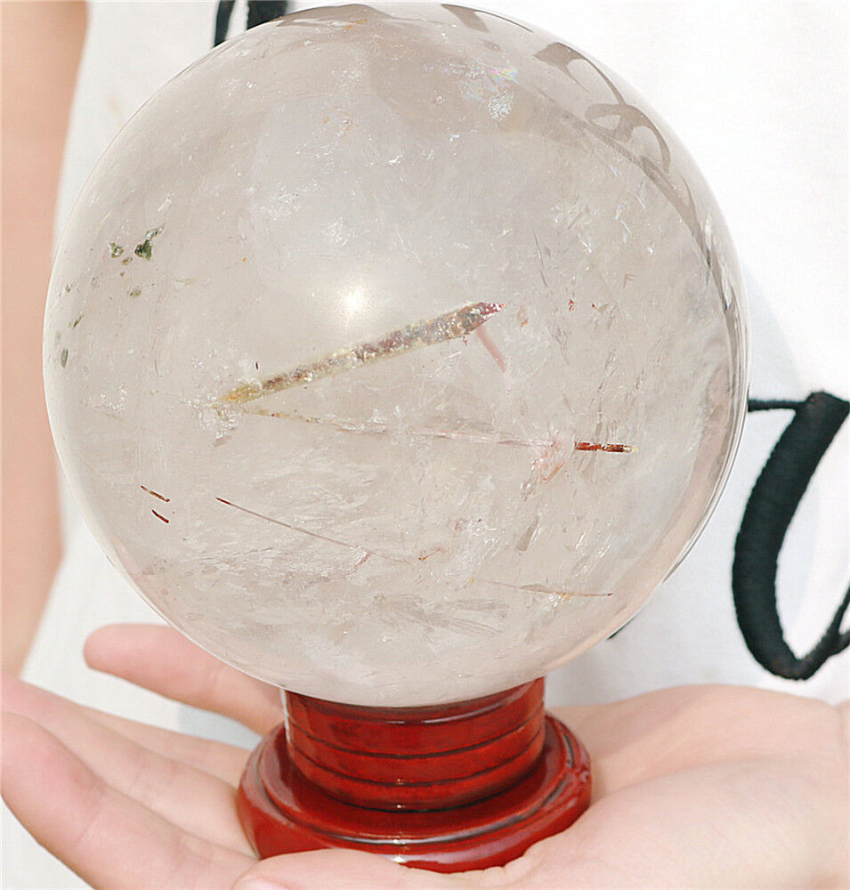 3.99LB NATURAL WHITE CLEAR QUARTZ CRYSTAL WITH TOURMALINE SPHERE BALL 106mm
