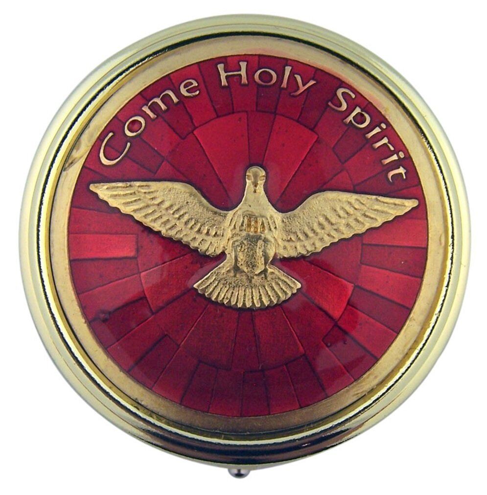 Red Enamel Gold Tone Come Holy Spirit Pyx 2 1/4 Inch Communion Host Container