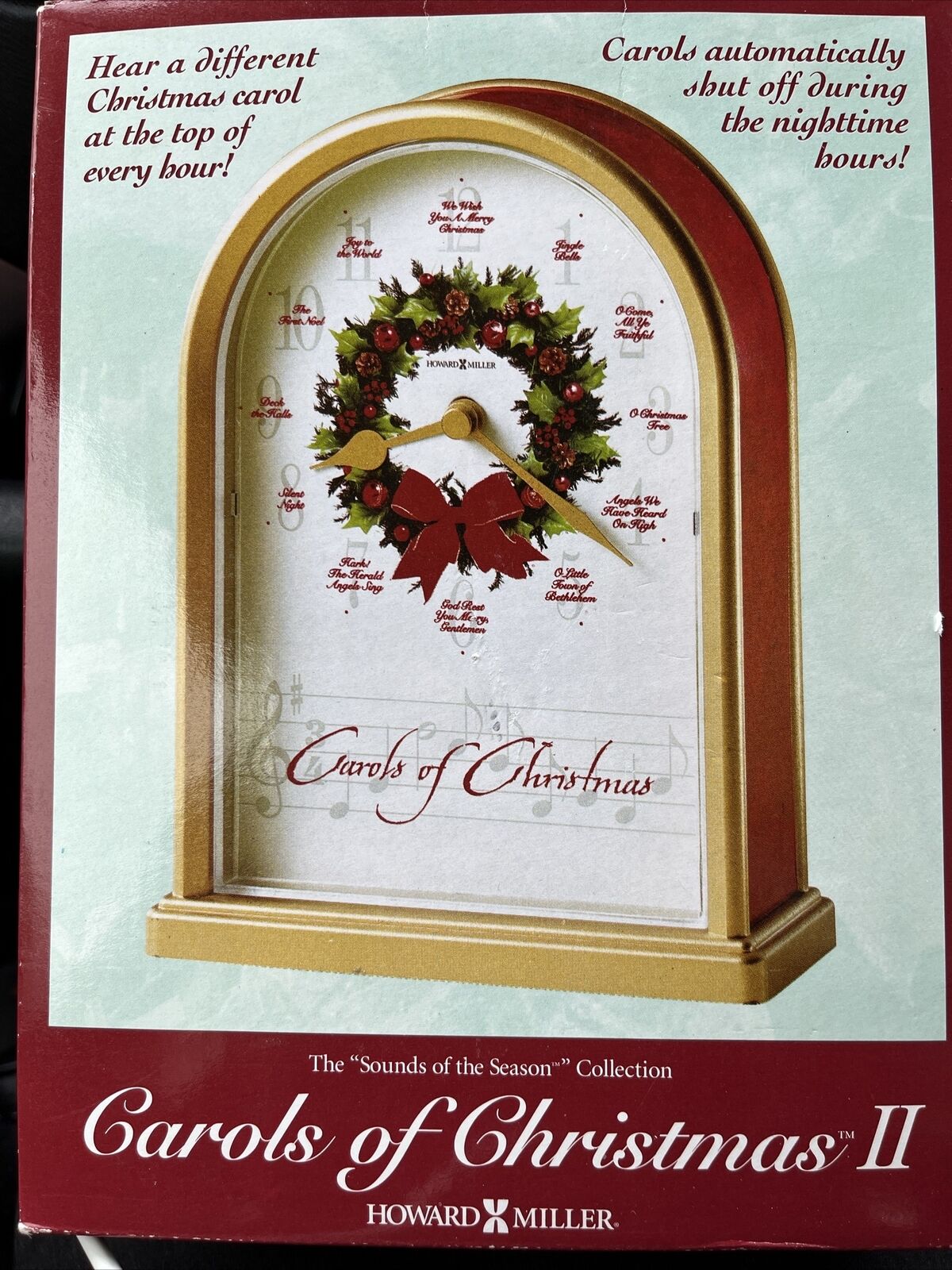 Howard Miller Carols of Christmas 7.5” Mantel Clock, 12 Hourly Songs EUC, In Box