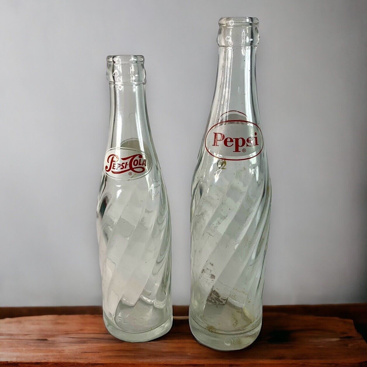 Set Of 2 Vintage Pepsi Cola Glass Bottle Swirl 10 and 8 oz Soda Pop Empty
