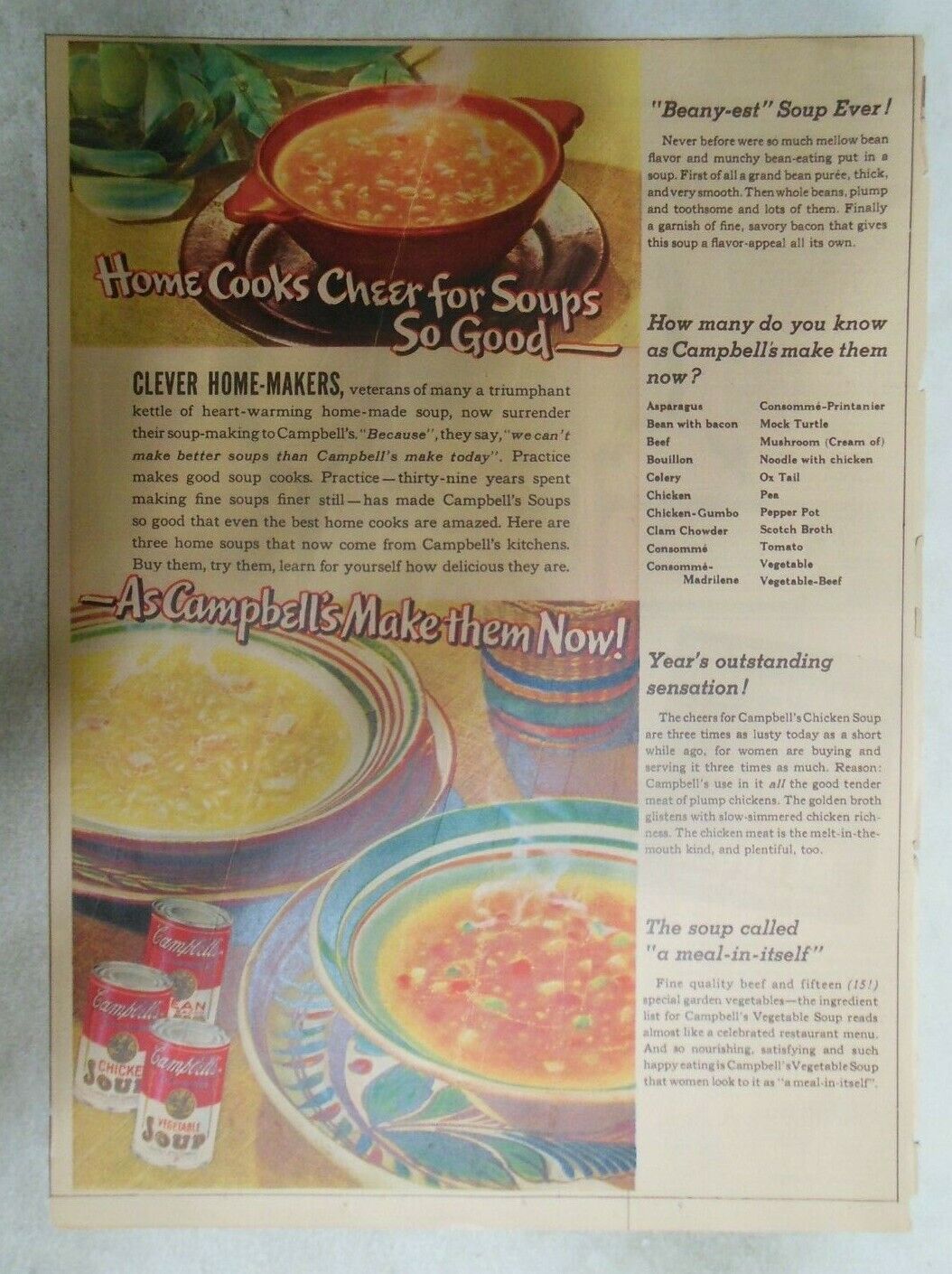 Campbell's Soup Ad: Home Cooks Cheer for Soups so Good  1930's 11 x 15 inches
