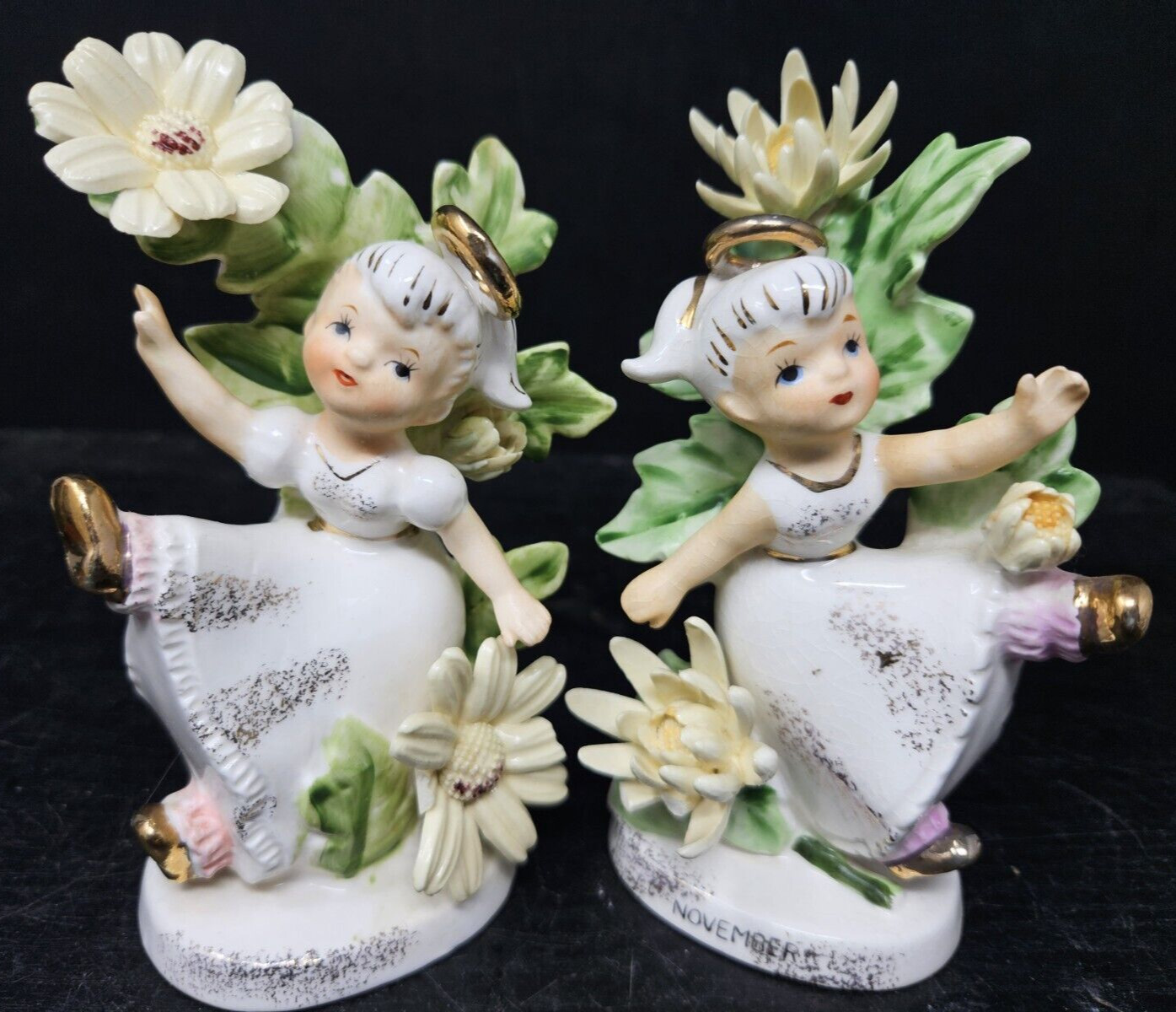 Geo Z Lefton October & April Birthday Girl Angels w/Flowers Figurine Japan 985