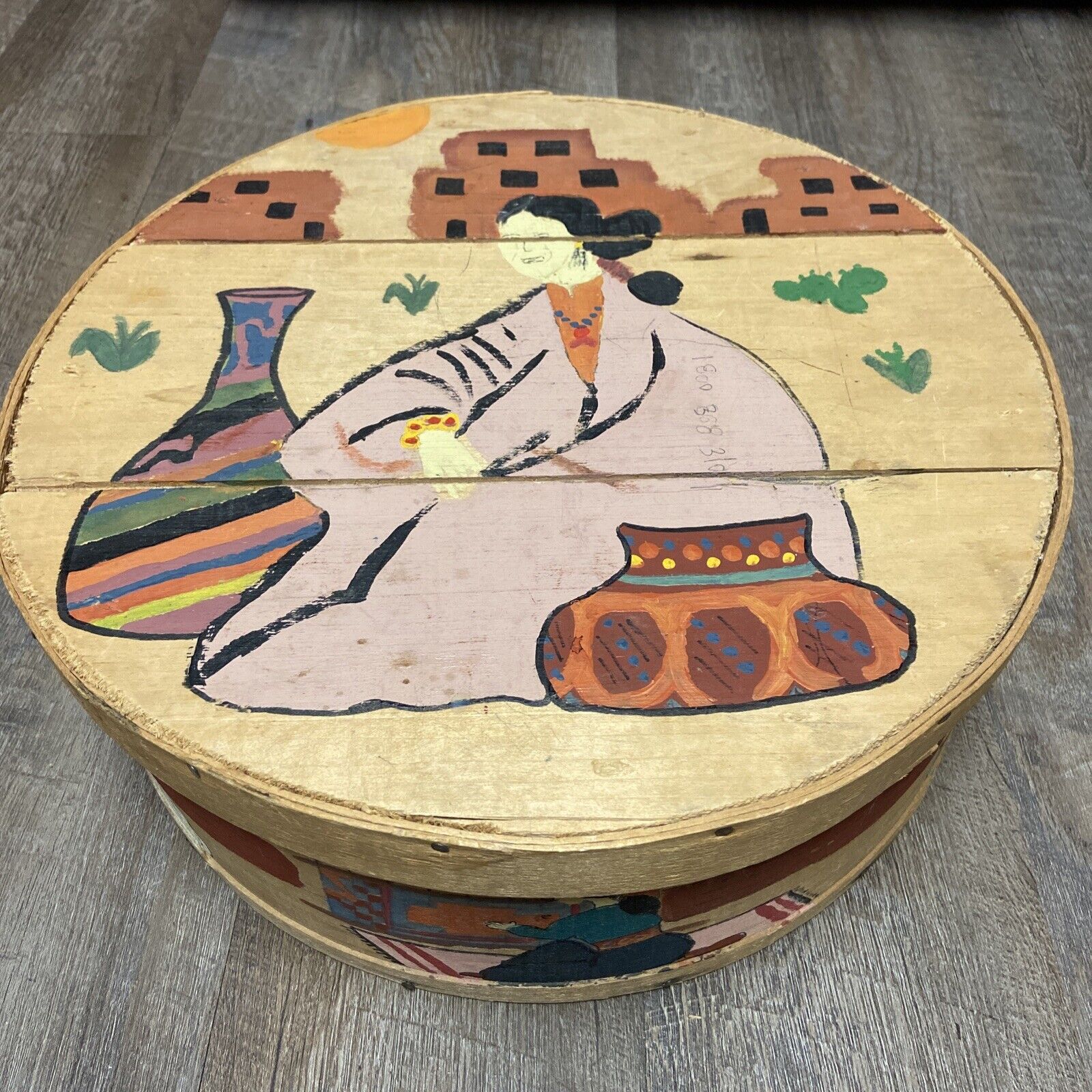 Vintage Dufeck\'s Denmark WI Wood Cheese Box Hand Painted Southwestern Design 