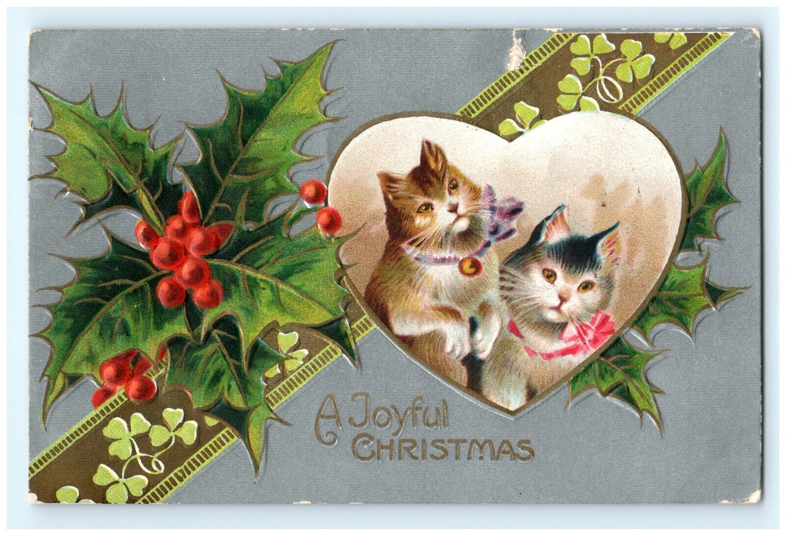 1908 Embossed Christmas Postcard Kittens Cats In A Heart With Mistletoe