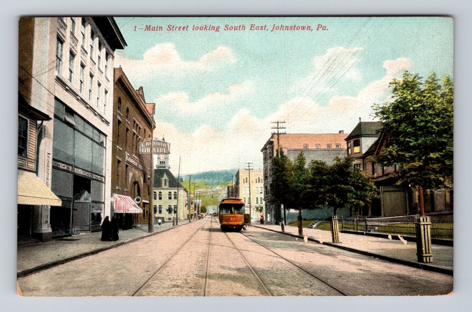 Johnstown PA-Pennsylvania Main Street, Ladies, Trolley, Theatre Vintage Postcard