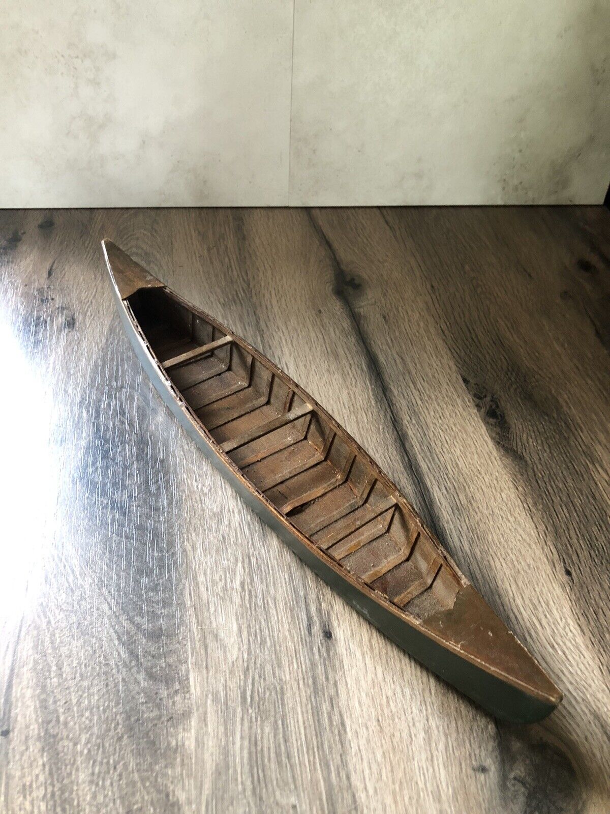 Vtg Handcrafted Wood Canoe Dark Green 15.25” Long Model Nautical Decor No Oars