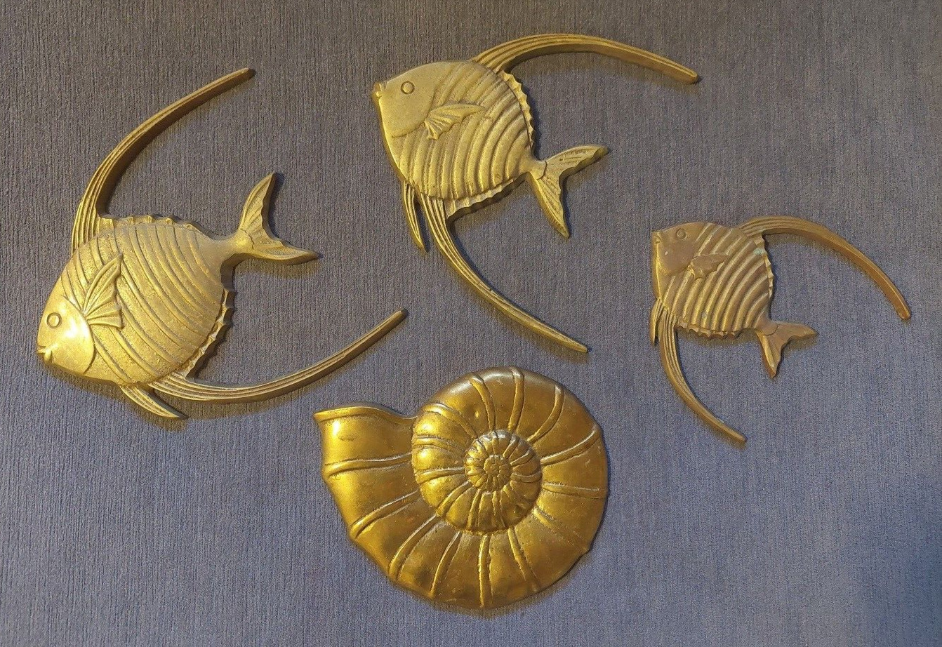 Vintage Brass Angel Fish & Sea Shell, Wall Hanging, Mid Century Decor Set