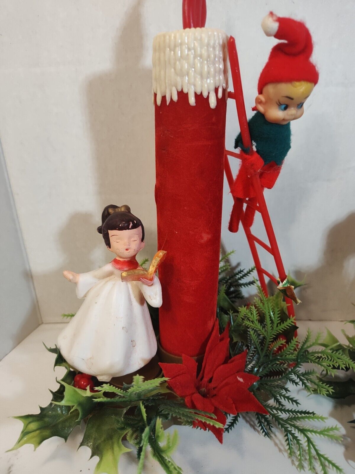 Vintage Hong Kong Elf On Ladder leaning against Candle and Girl Singing 