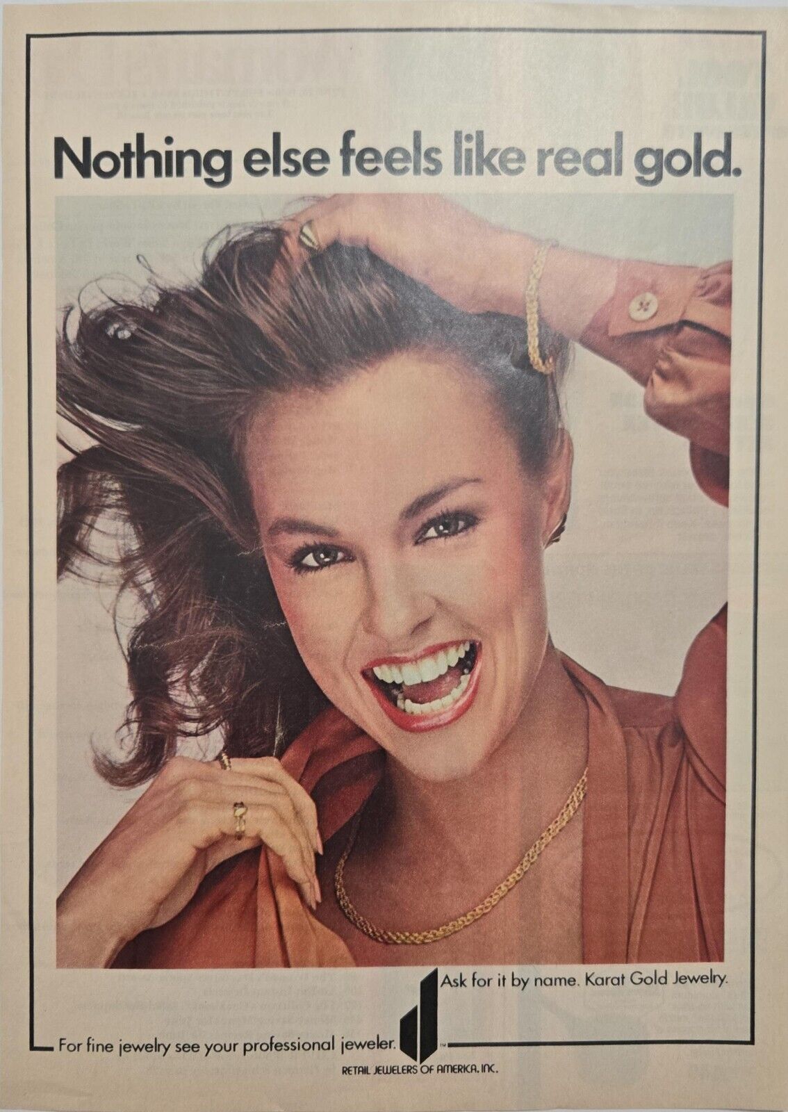 1980 Karat Gold Jewelry Ad - Nothing Else Feels Like 80s Woman Fashion 