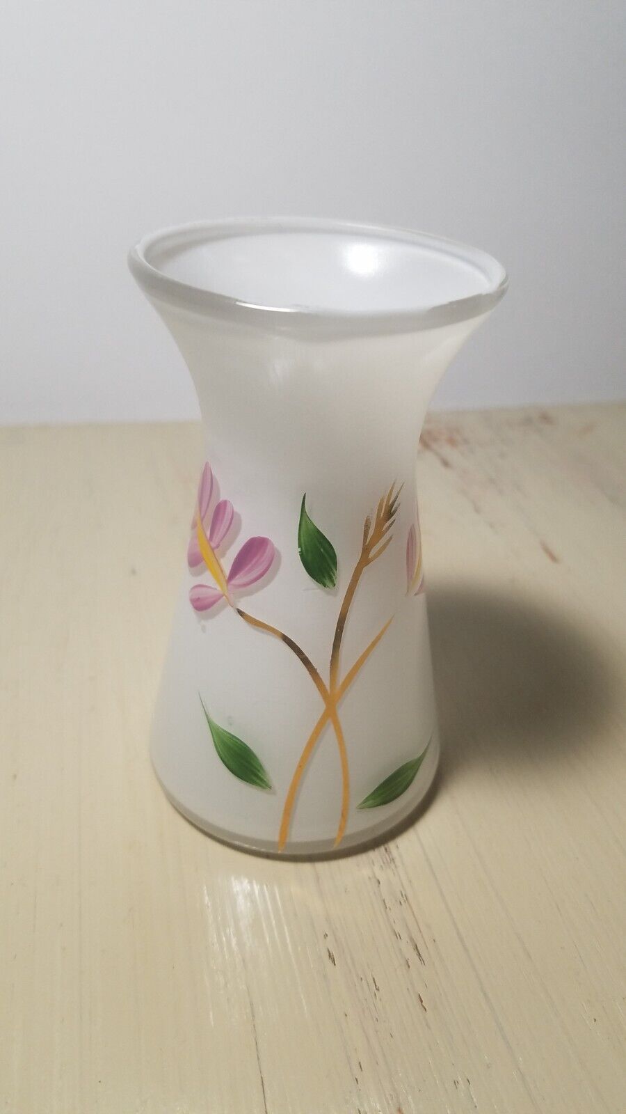 VTG MCM Bartlett Collins White Glass Vase Hand Painted Flowers