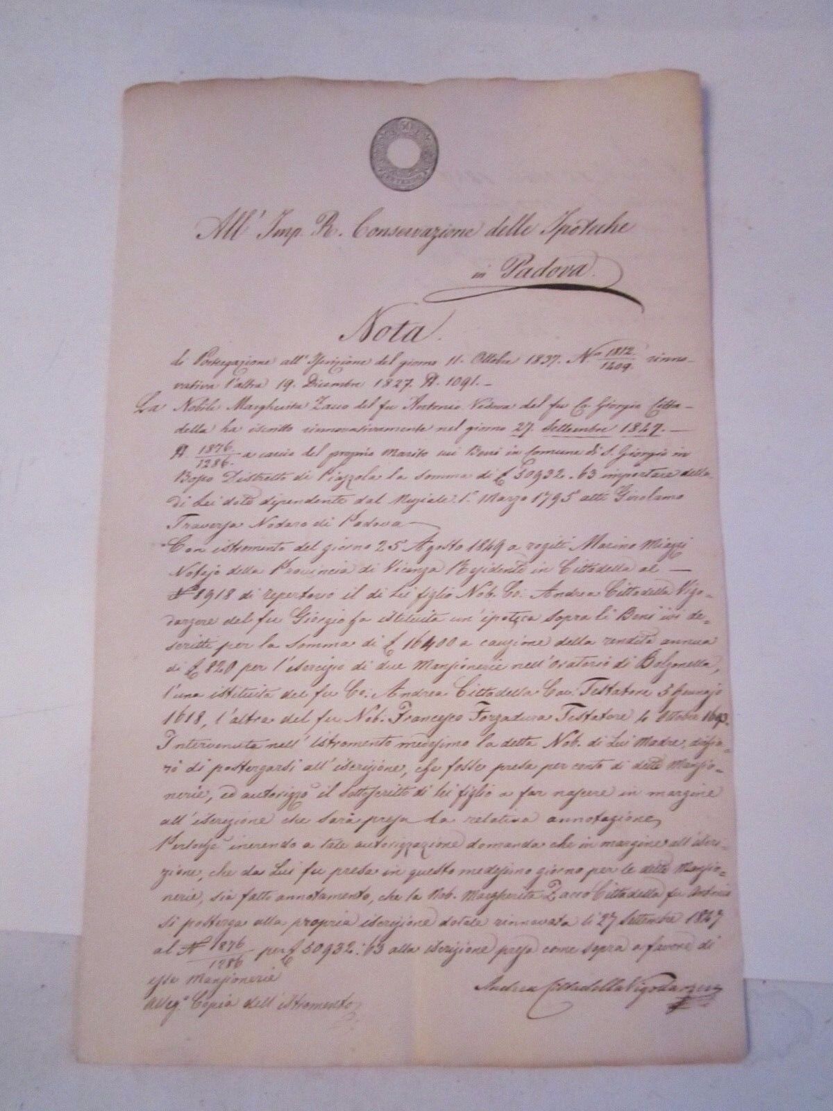 ANTIQUE 1847 LEGAL DOCUMENT - IN ITALIAN - NOTORIZED - AUTHENTIC - TUB BBBK