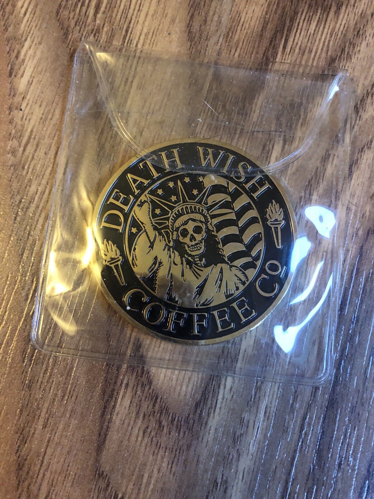 Death Wish Coffee Lady Liberty Challenge Coin Mint + Sticker