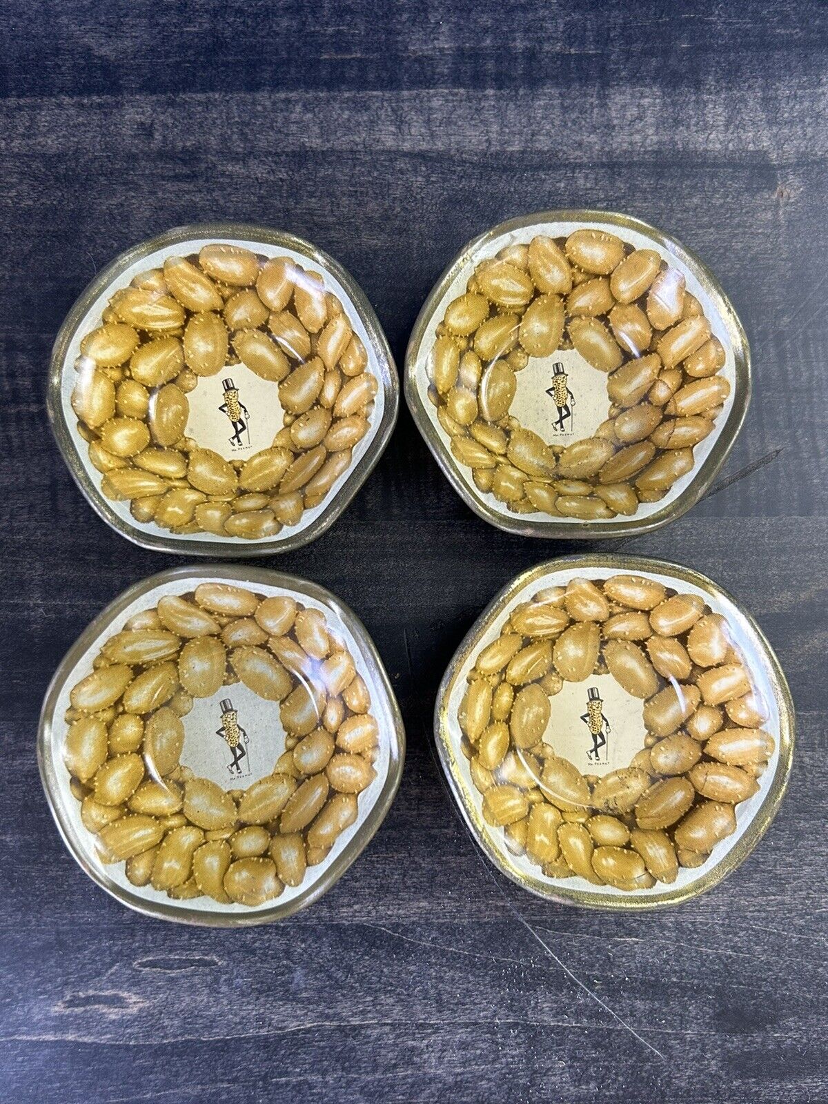 Lot of 4 Mr Peanut 3” Dish Tray Advertising Planters Peanuts Nuts Vintage