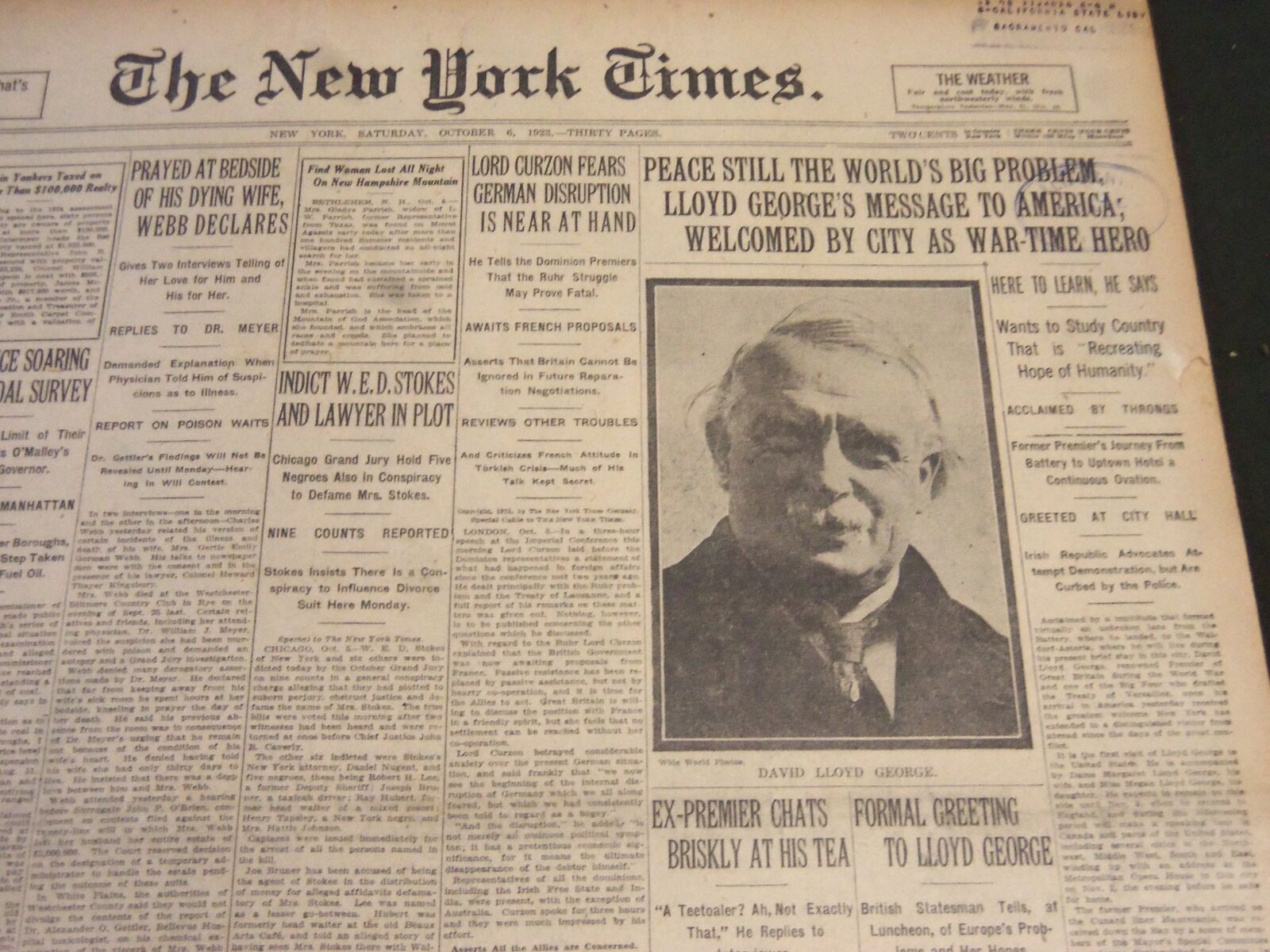 1923 OCTOBER 6 NEW YORK TIMES - LLOYD GEORGE WELCOMED BY CITY - NT 5871