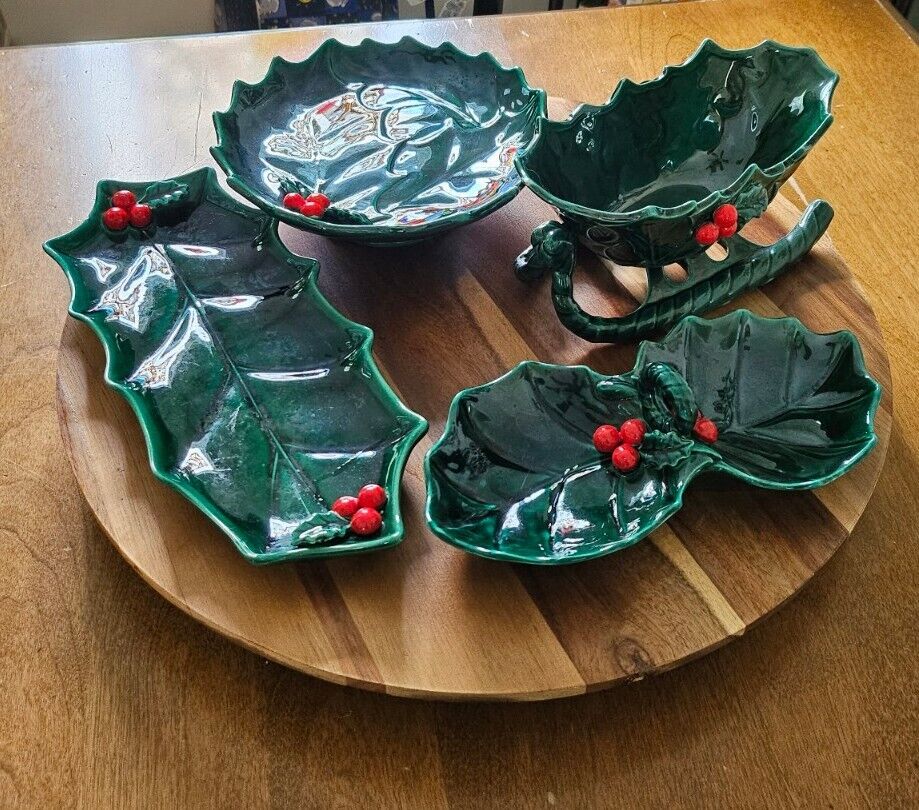 Lefton Holly Berry Green Dishes Sleigh Lot 1346, 1348, 4231, 1349