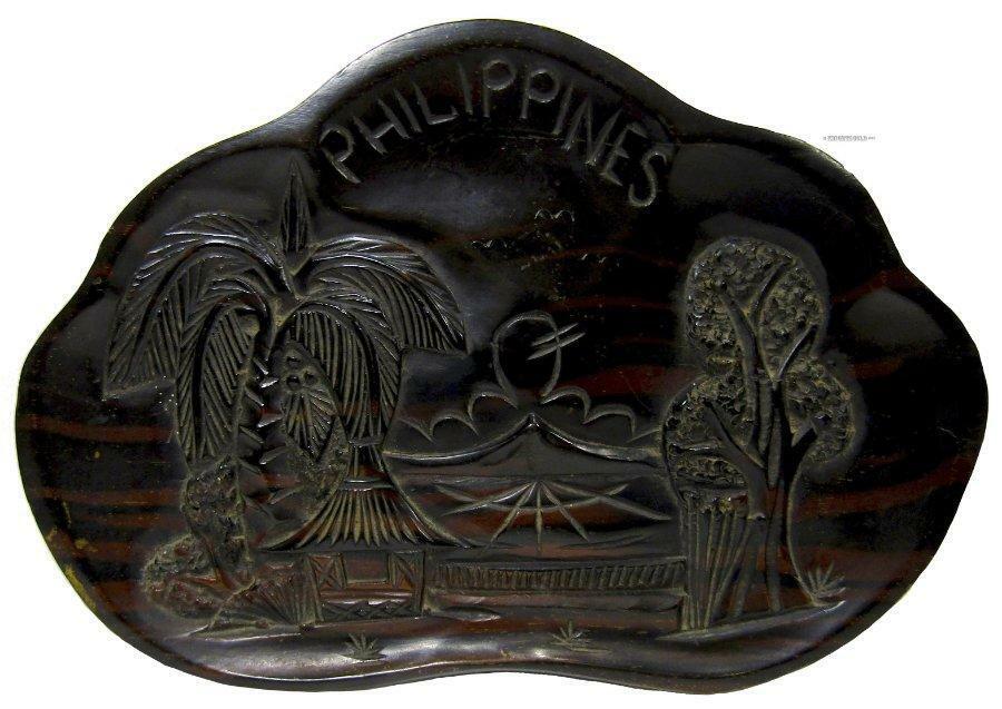 Philippines Souvenir Plate Plaque Hand Carved Ebony Wood 26 x 17 cm
