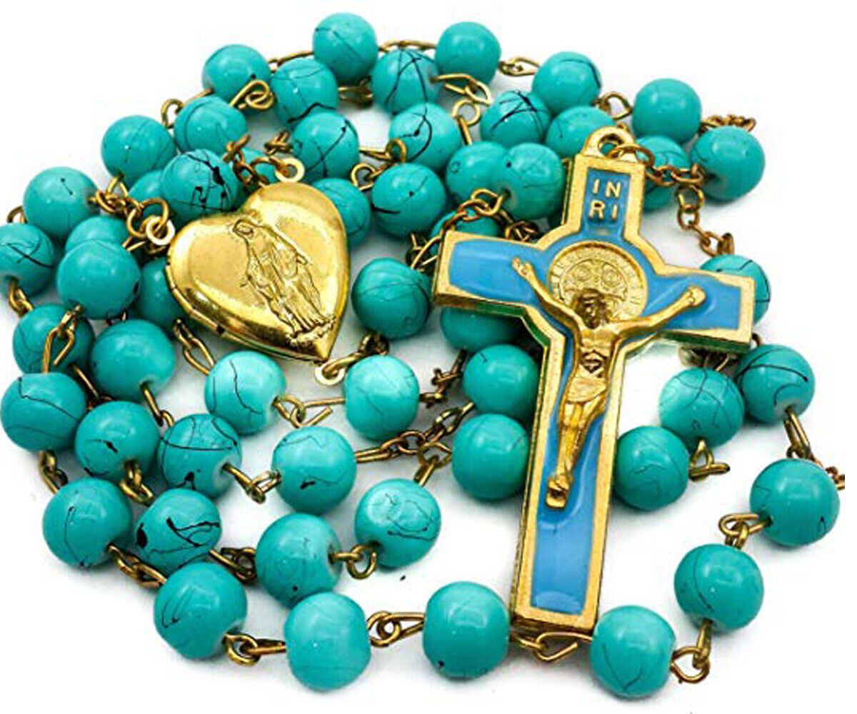 Saint Benedict Rosary Necklace Turquoise Beads Cross & Heart Medal