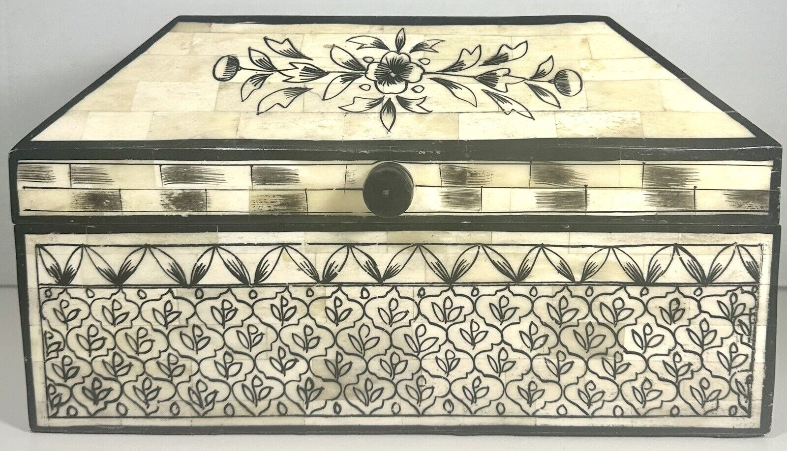 Bone Inlay on Wood Hinged Dresser Box Hand Painted Floral Patterns 