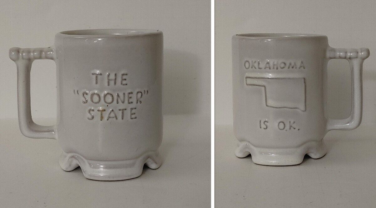 Frankoma Pottery Mug Cup Oklahoma Sooner State Footed Vintage White 4\