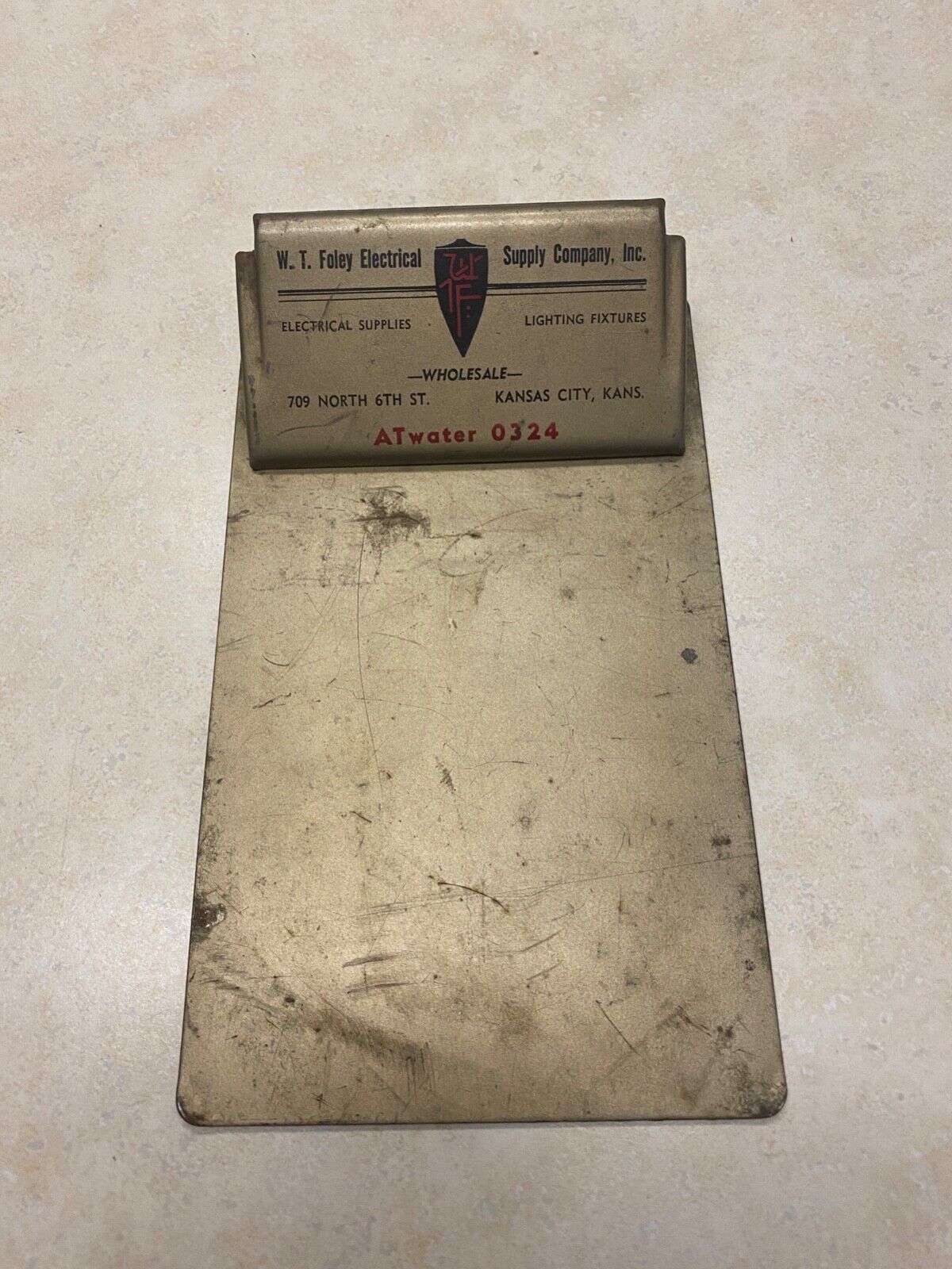 Vintage W. T. Foley Electrical Advertising Metal Clipboard - Kansas City, Kansas