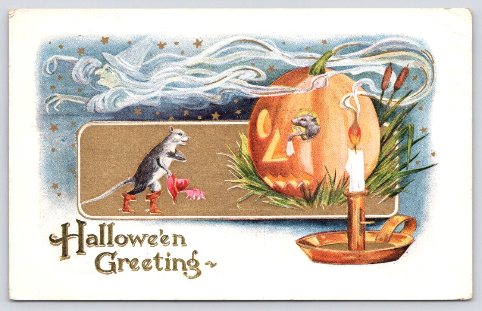 Postcard Halloween Greeting JOL Witch Mouse In Candle Whitney Posted 1912