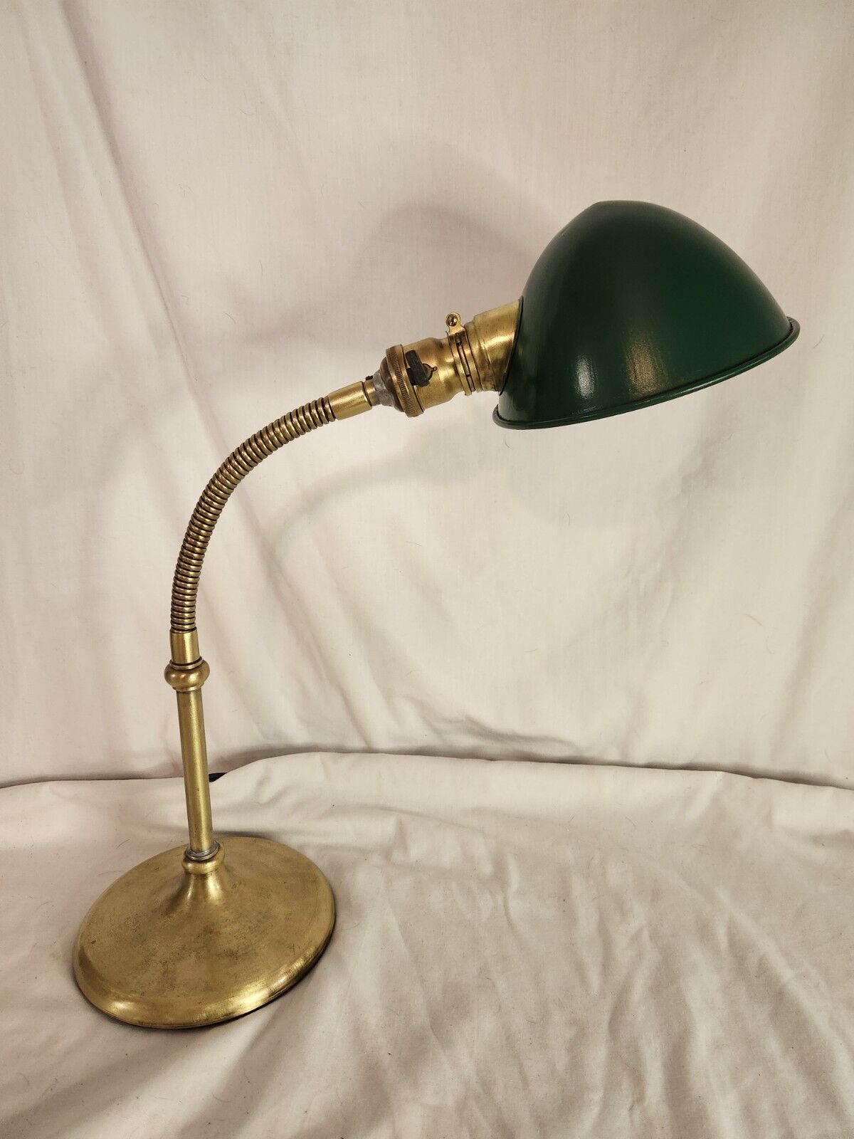 Antique Adjustable Brass Gooseneck Study Lamp w/ Green Hood, circa 1920's