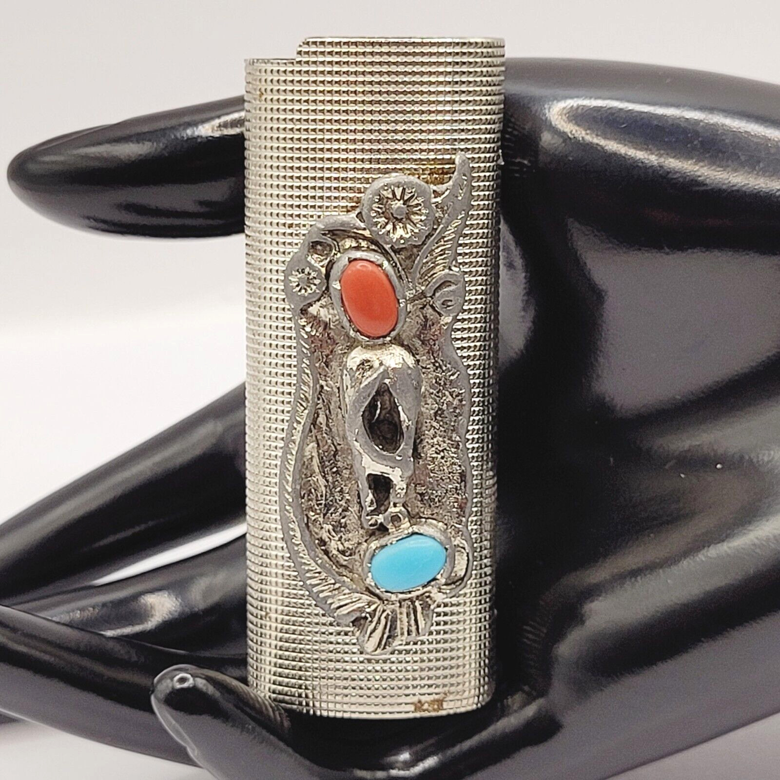 1980s Southwest Native American Silver Tone Vintage Lighter Case Holder Cover