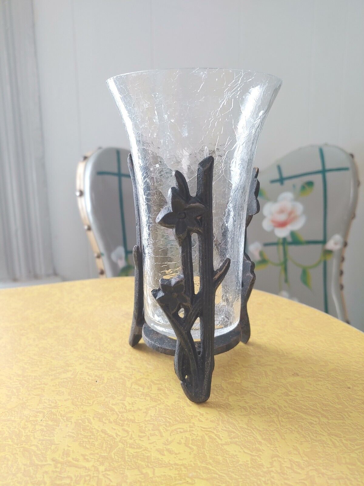 Art Nouveau Crackle Glass Flower Vase In Cast Iron Tripod Holder