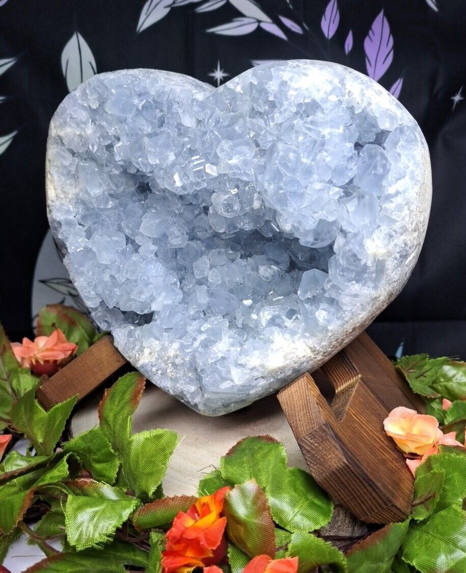 Huge Blue Celestite Crystal Heart 18cm 4.8kg Cluster Celestine Druzy & Stand