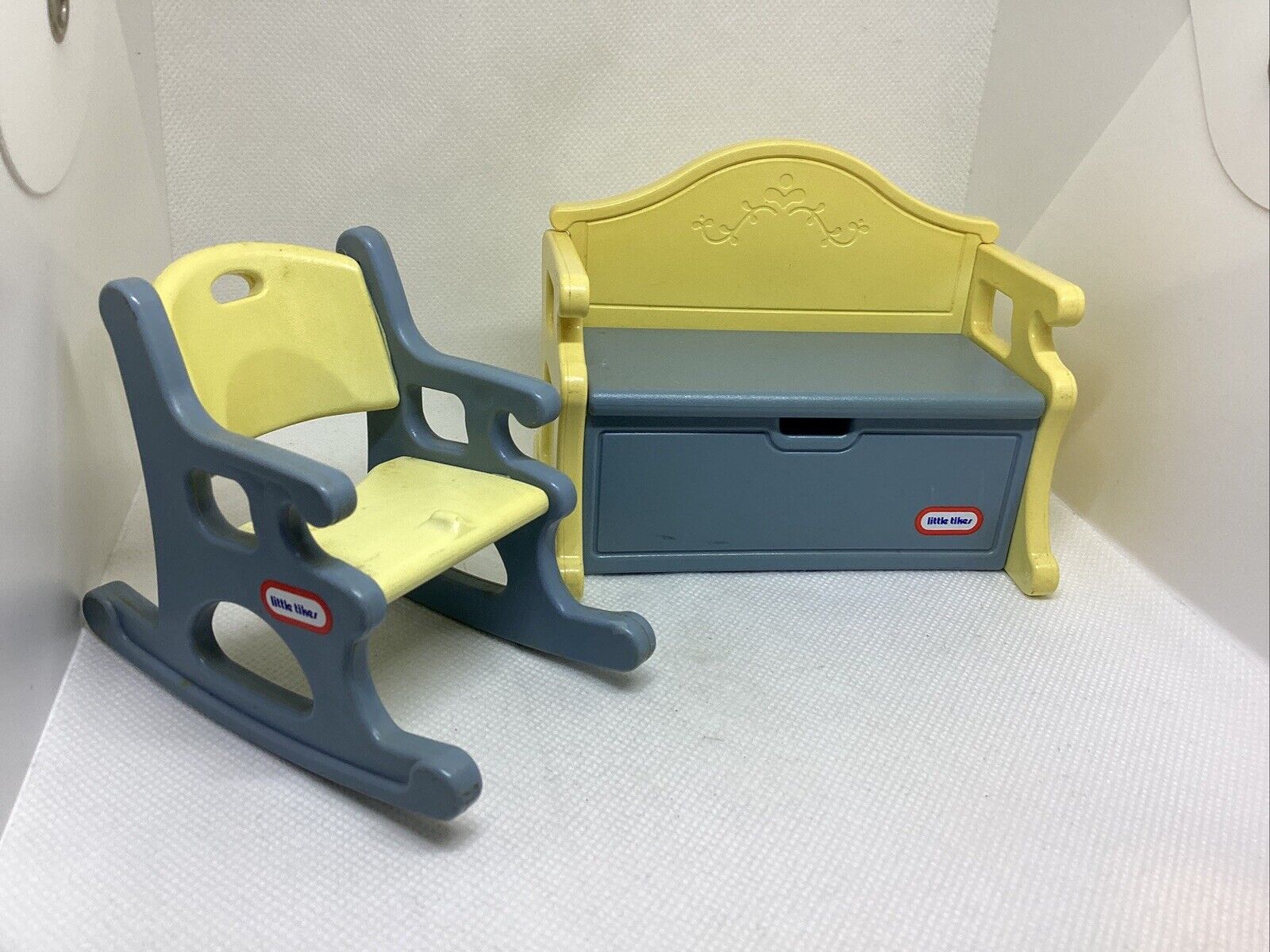  Little Tikes Dollhouse Blue Toy Box Storage Bench + Rocking Chair, Made In USA