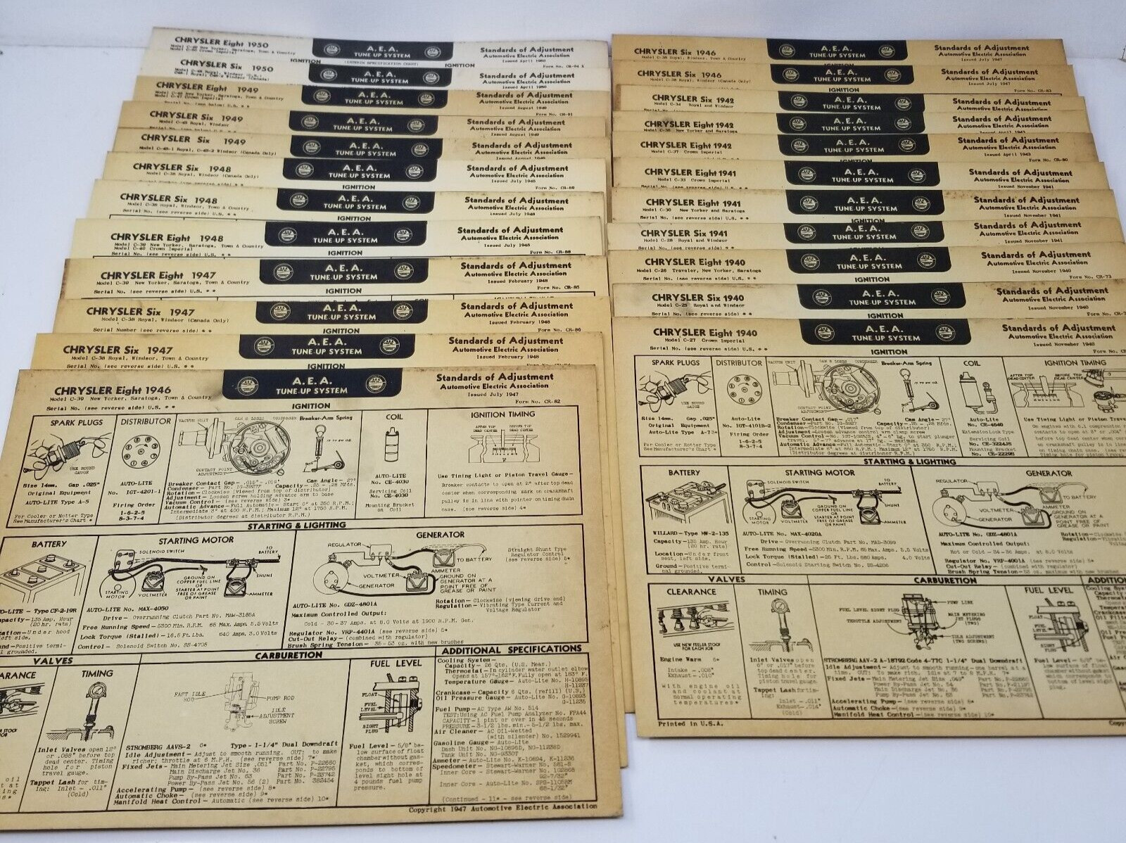 AEA Tune Up System Cards Chrysler 1940s-1950s Illustrations Parts Set of 23