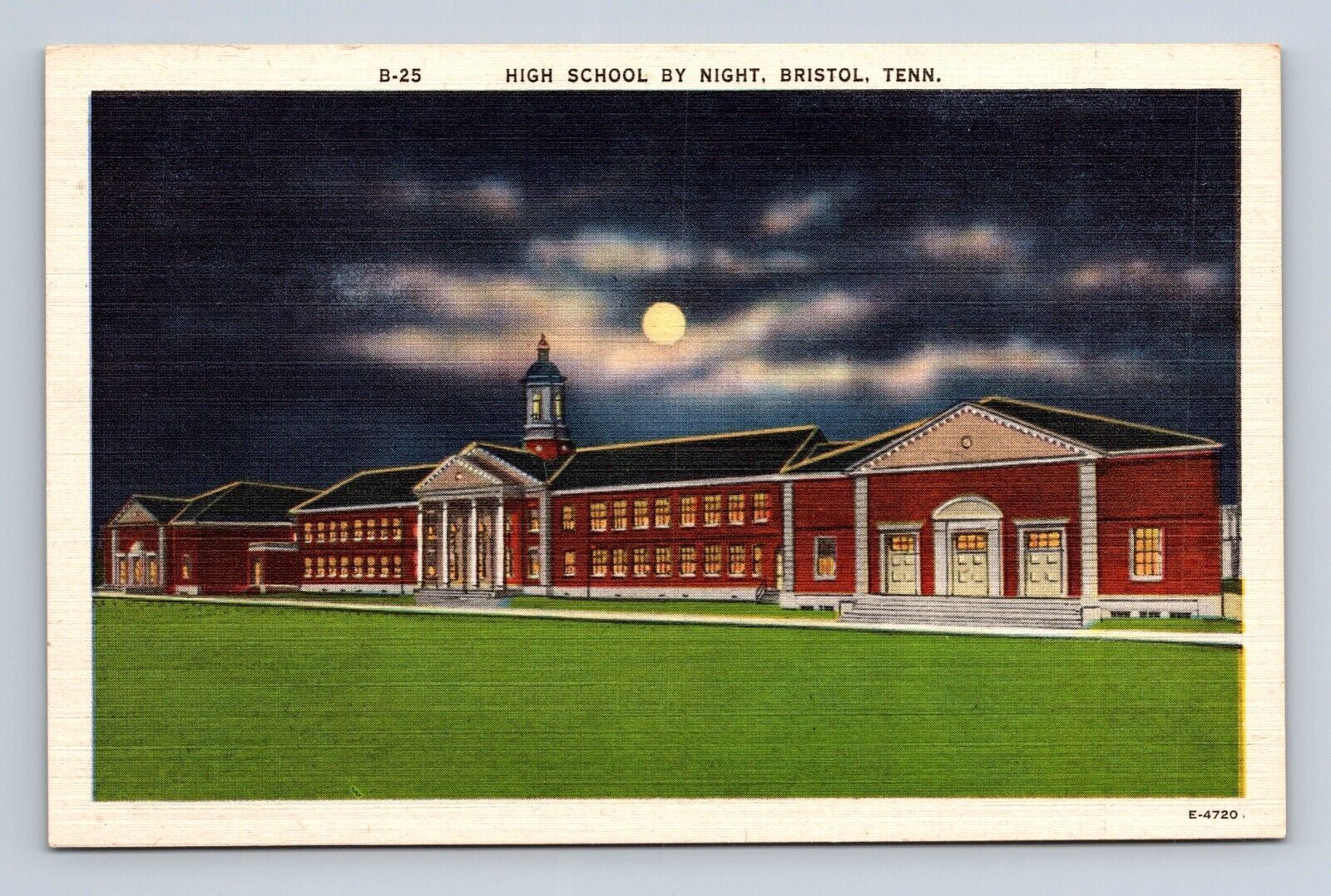 B-25 High School By Night Bristol Tennessee Postcard Linen