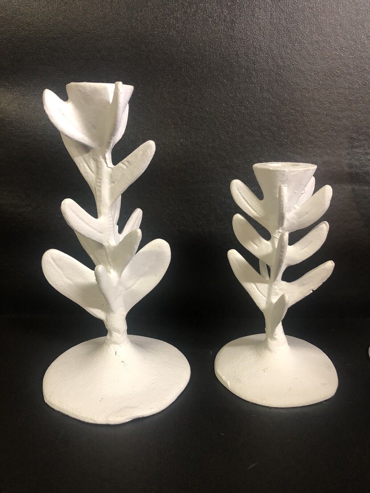 Anthropologie Flora White Metal Botanical Taper Candlestick Candle Boho 9” & 7”