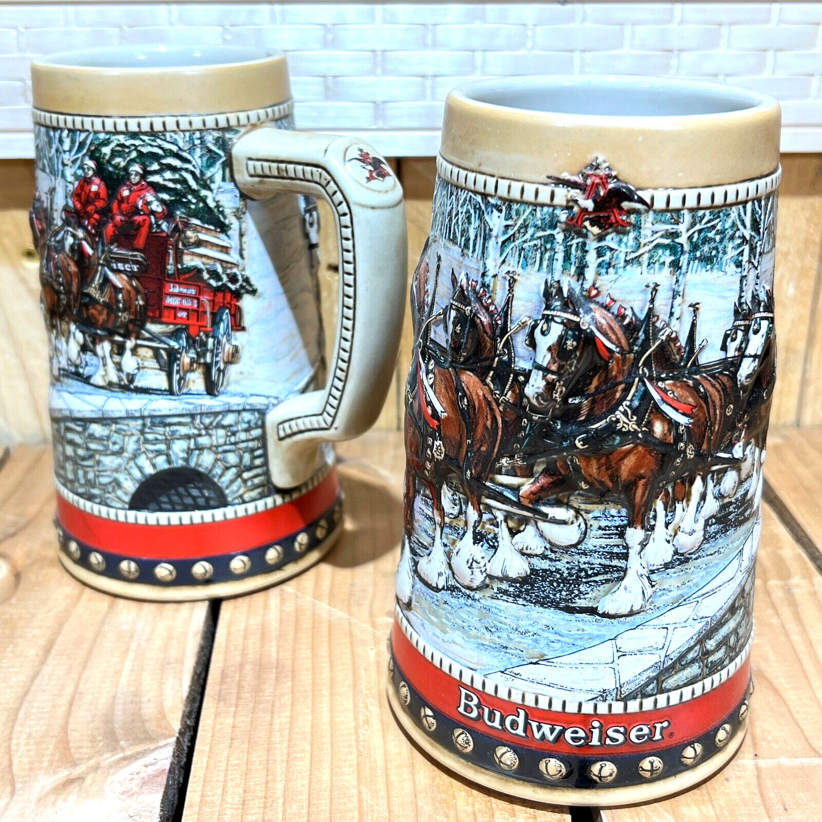 2 Vintage 1988 Budweiser Holiday Collector Series Beer Stein Mug Clydesdale