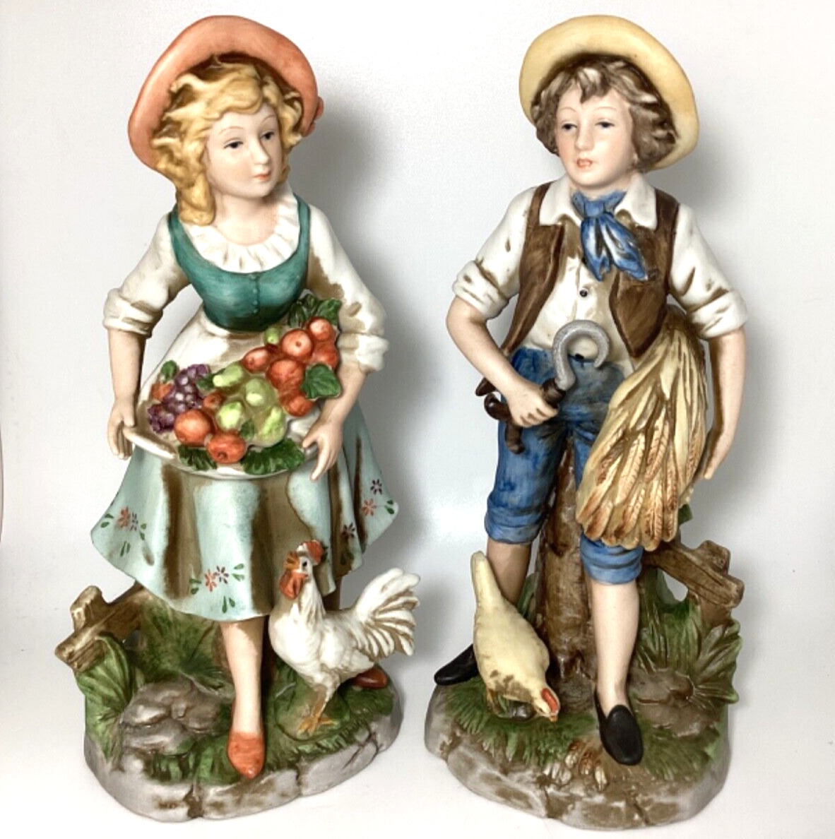 Homco #8881 Figurines Farm Girl Basket of Fruit & Boy with Wheat both w/ Chicken