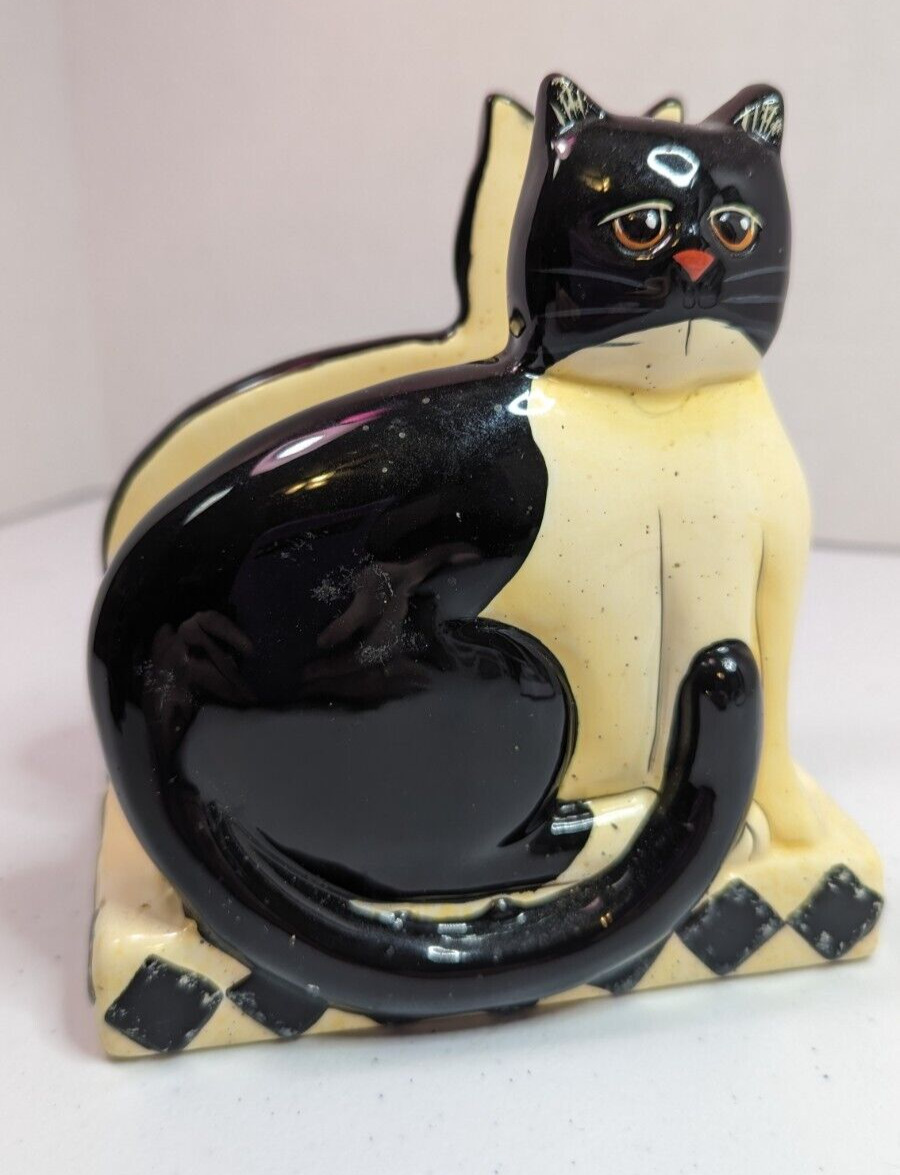 Country Cats Napkin Holder Ceramic Black White Cat 2007 Hand Painted Signed