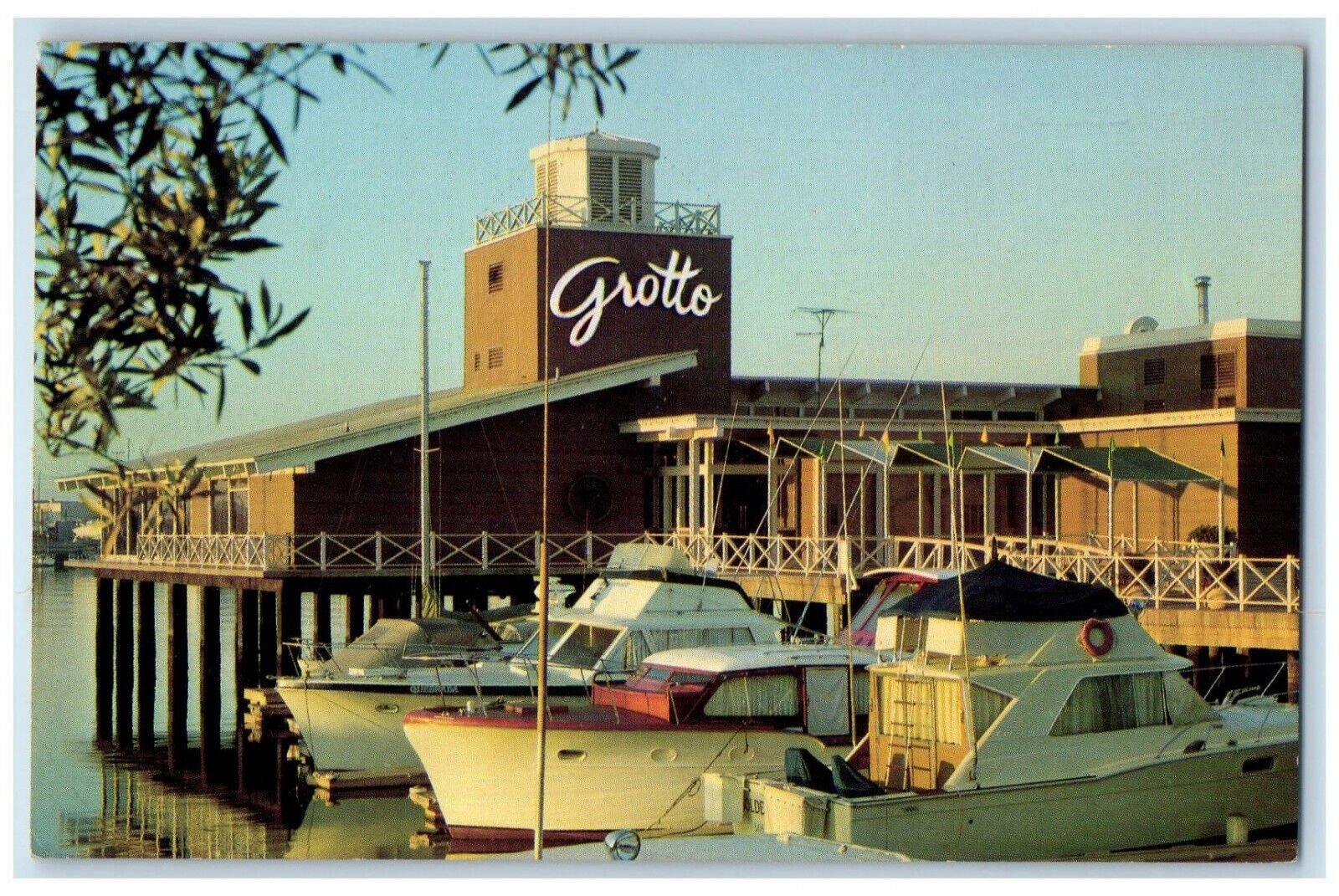 c1960's Three Yacht Boats Grotto Oldest Restaurant Oakland CA Vintage Postcard