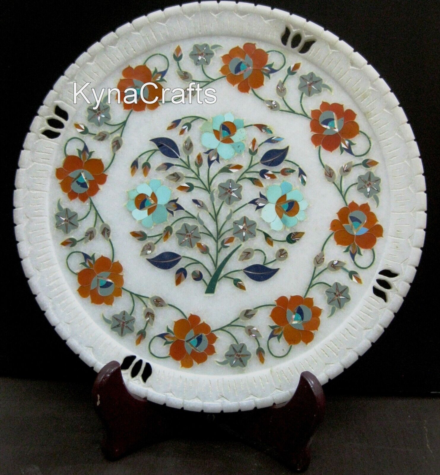 10 Inches White Marble Decorative Plate Semi Precious Stone Inlay Work Placemat
