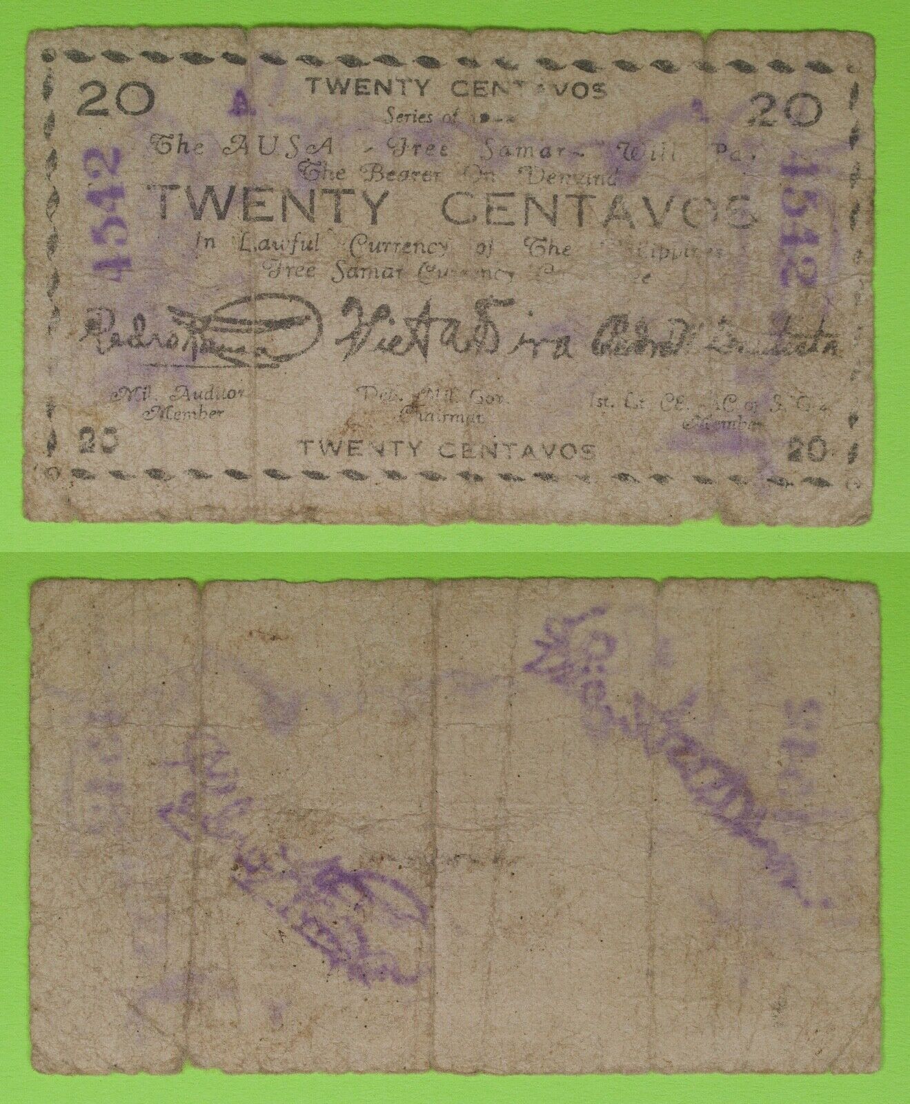 1943 Philippines ~ FREE SAMAR 20 Centavos ~ WWII Emergency Note ~ SMR-133