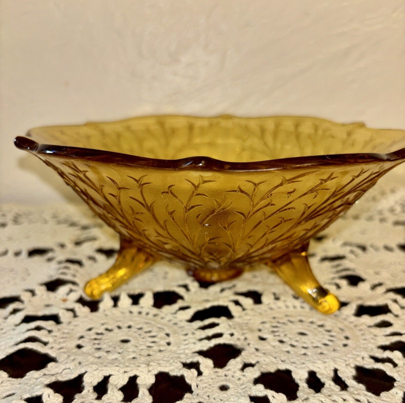 1930\'s Fenton Silvertone Amber Glass Three Toed Candy Dish Bowl Branch Design