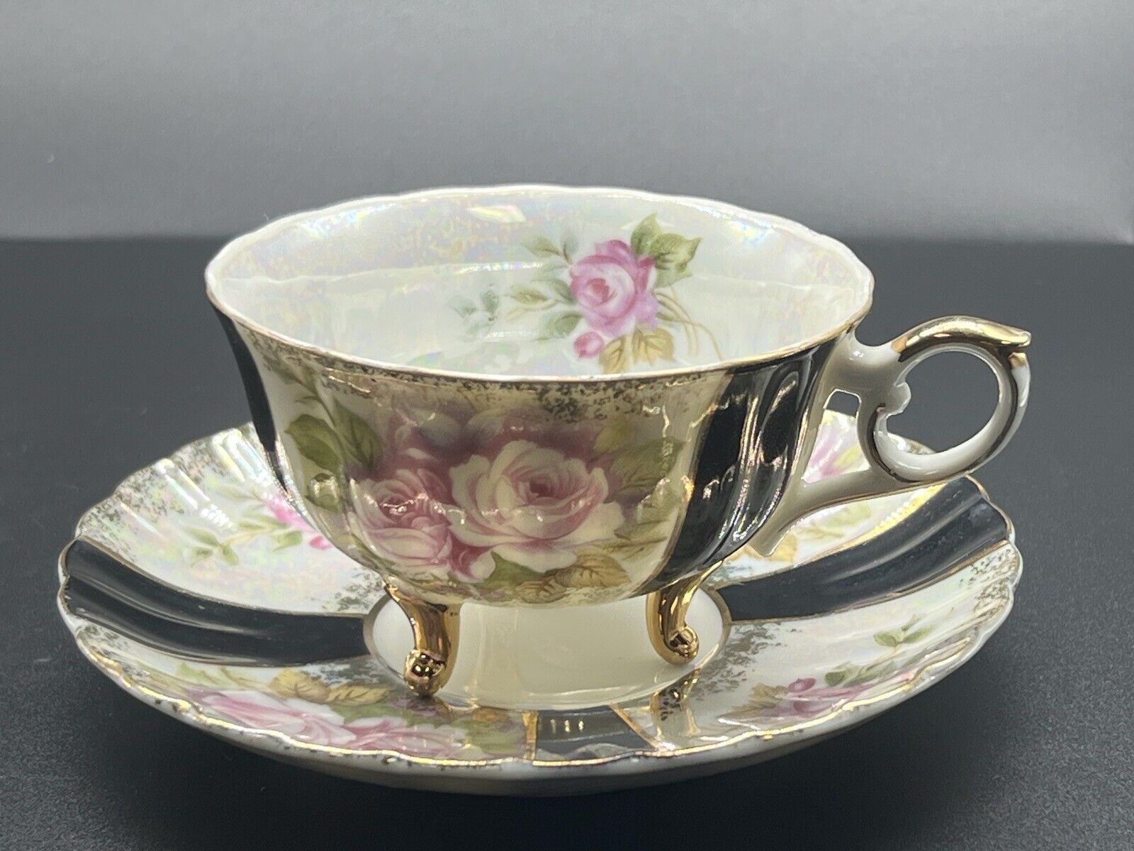 Vintage LEFTON China Fancy Cup and Saucer. Pearly Iridescent finish Pink Roses~