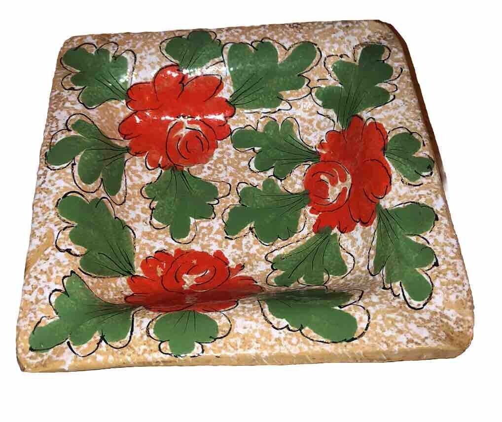 VINTAGE MCM Italy Terra-Cotta Bowl Dish Ashtray Bright Red Flowers ￼ Nice