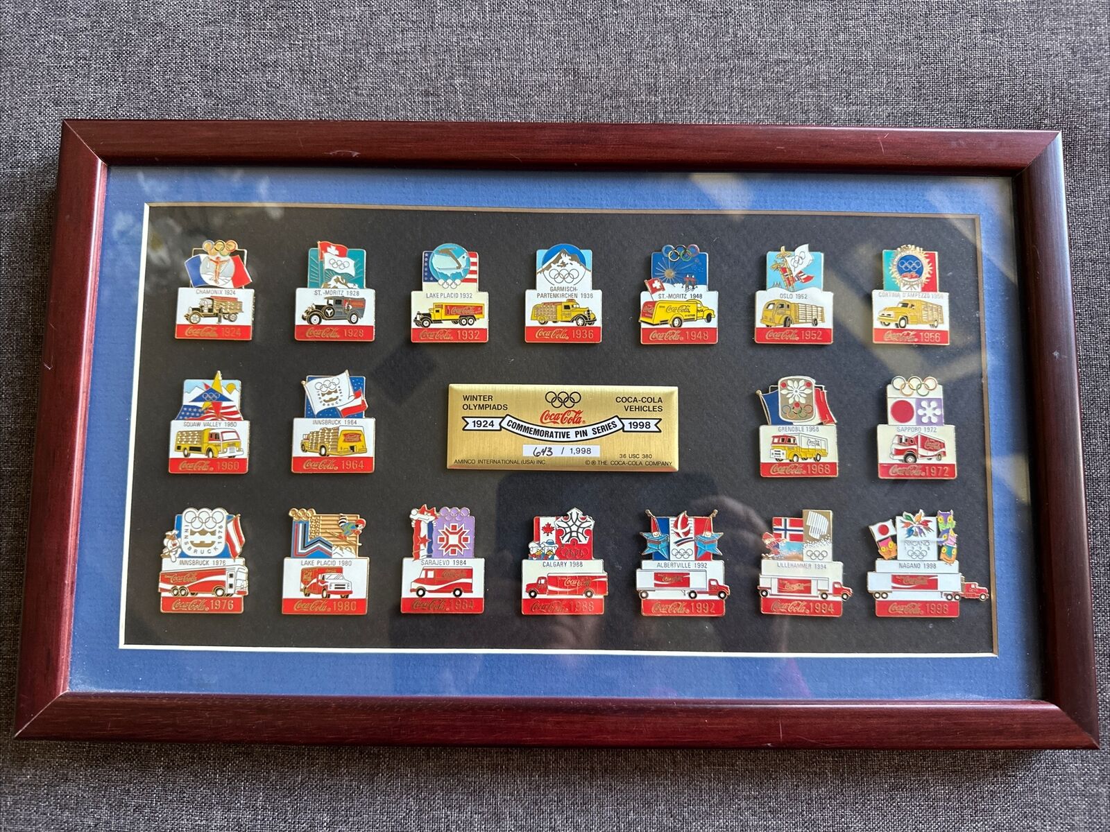 Coca Cola Winter Olympiads Commemorative Pin Series 1924-1998 Framed 643/1998
