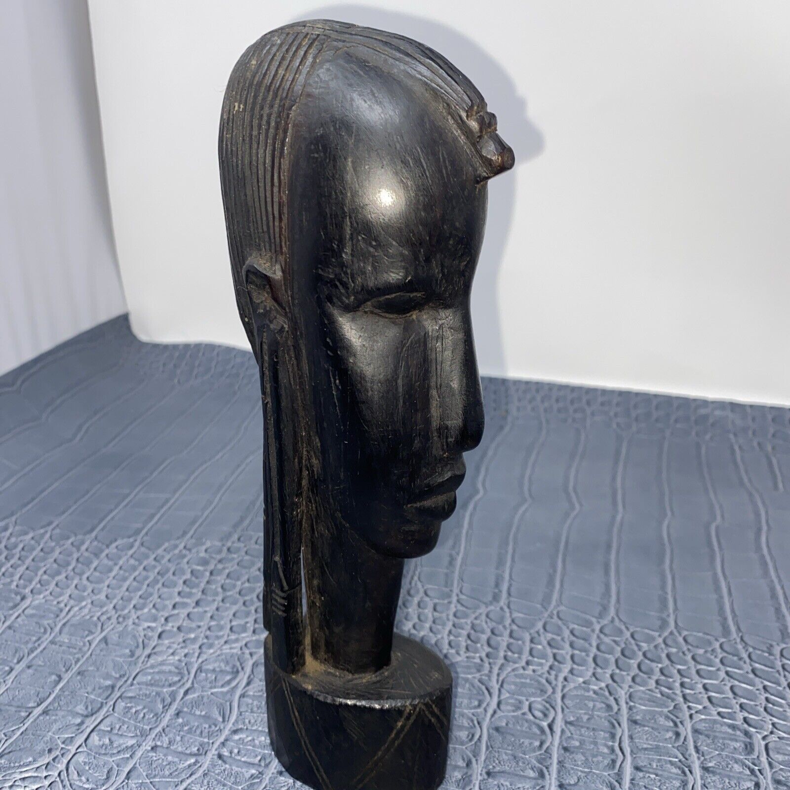 Vintage African Ebony Bust Hand Carved Solid Wood Sculpture Tribal Head 9”