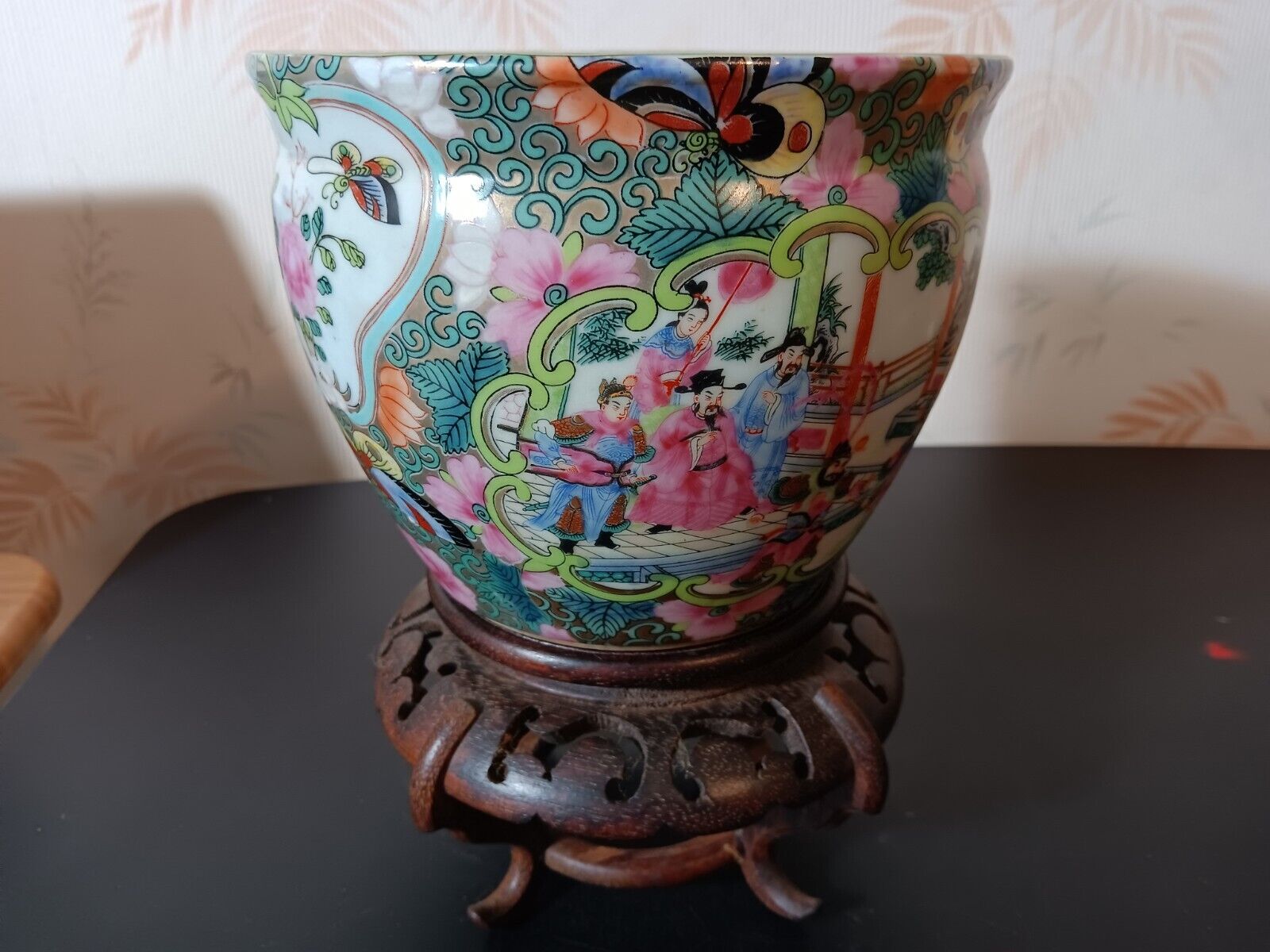 20th Century Qianlong Stamped Chinese Family Garden Scene Fish Bowl Vase