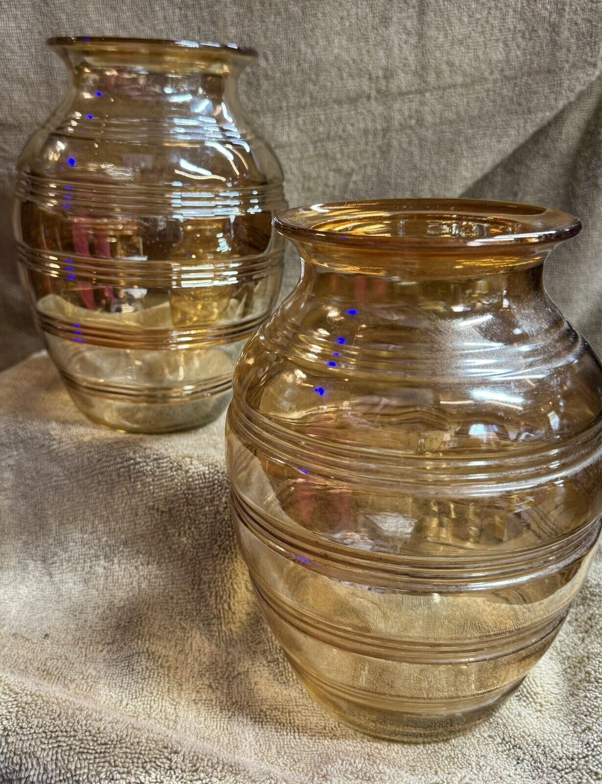 2 Vtg Marigold Iridescent Blown Carnival Glass Beehive Ribbed  Style Vases Nice