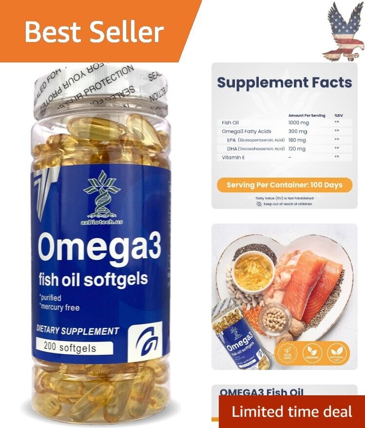 200 Softgels Fish Oil Omega 3 Supplements - Immune Support - 100 Day Supply