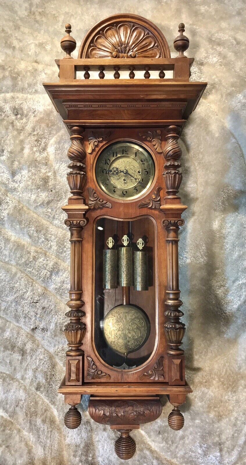 Antique Germany GUSTAV BECKER Striking Vienna Clock,3 Carved Brass Weights